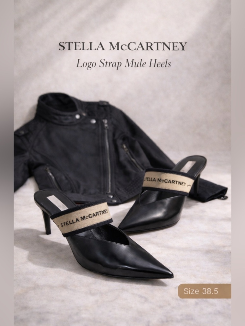 Stella McCartney Logo Strap Mule Heels Black 38.5 Pointed Toe